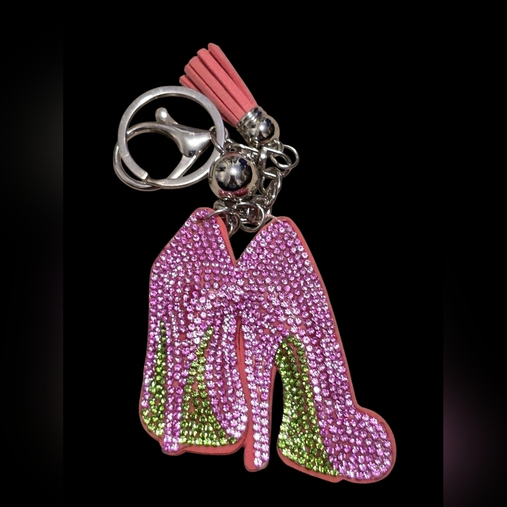 Pink and Green Rhinestone High Heel Bag Charm Keychain